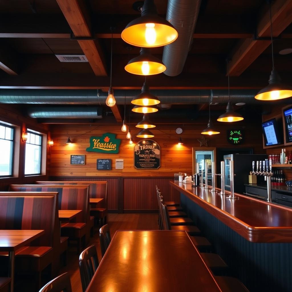 Inside Pizza Man — warm booths, pendant lights and a long bar of draft taps